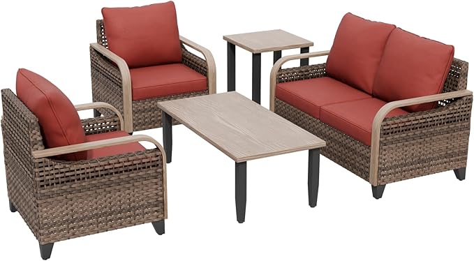 COOS BAY Modern Wicker Outdoor Furniture Set, Patio Conversation Set with Patio Chairs, 2 Seat Loveseat, Coffee Table and Side Table, 5 Piece, Brown/Red