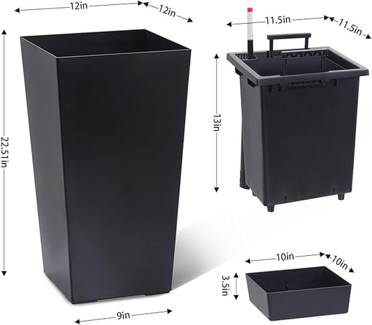 2 Pack Tall Self-Watering Planter Pots with Water Level Indicator, 12"l x 12"w x 22.5"h, Modern Flower Pots with Inner Bucket Handles and Water Injection Port for Indoor Outdoor Plants, Black