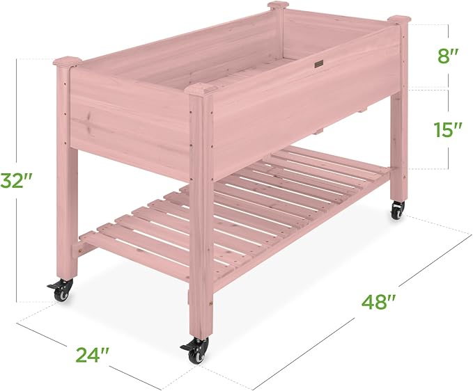 Best Choice Products Raised Garden Bed 48x24x32-inch Mobile Elevated Wood Planter w/Lockable Wheels, Storage Shelf, Protective Liner - Pink