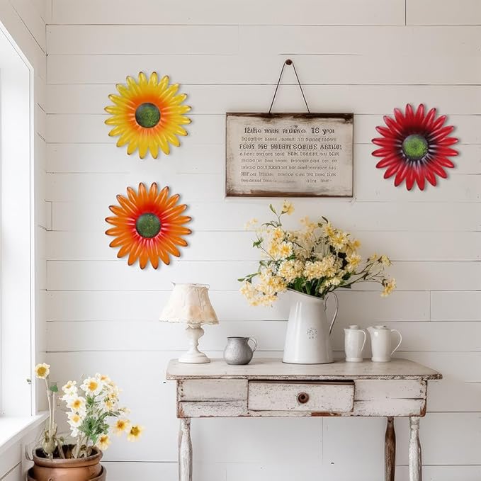 hogardeck Metal Flower Wall Decor - 3 Pcs 9" Outdoor Wall Art Backyard Decorations Hanging for Kitchen, Living Room, Bathroom, Garden