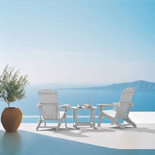 Plawdlik Folding Adirondack Chair, SGS Tested, Wooden Textured with Cup Holder, Heavy All-Weather HDPE Comfortable Set Poolside Backyard Lawn White Set 2