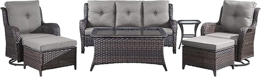 Wicker Patio Furniture-7 Pieces Rattan Patio Furniture Set Outdoor Patio Couch with Swivel Patio Chairs Ottomans and Coffee Table for Deck Poolside Backyard-Brown/Grey
