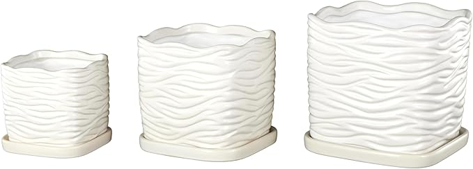 Deco 79 Ceramic Indoor Outdoor Planter Wavy Ribbed Large Planter Pot with Attached Saucer, Set of 3 Planters 7",6",5" H, White