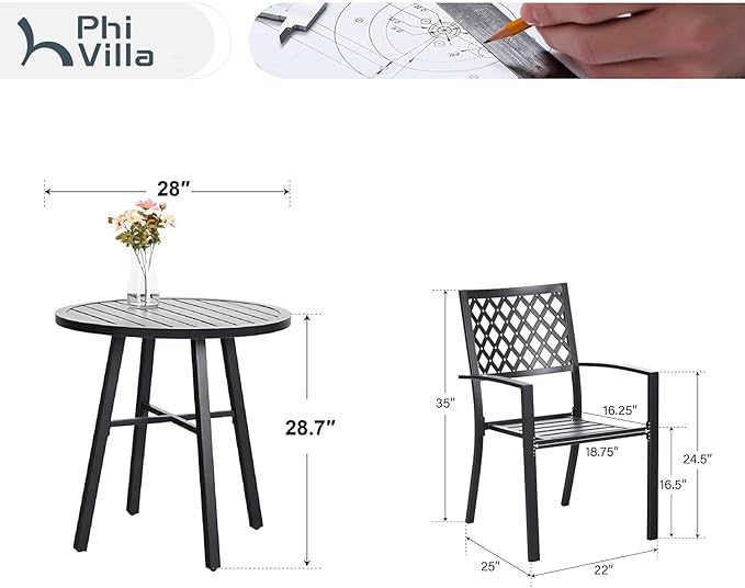 PHI VILLA 3 Piece Outdoor Bistro Dining Set, Metal Steel Round Table & Stacking Iron Chairs, Small Furniture Conversation Set for Porch, Deck, Balcony,Patio