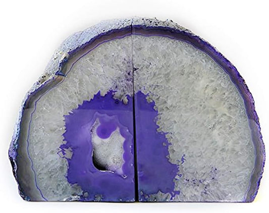 JIC Gem Dyed Purple Natural Agate Bookends Polished Stone Book Ends Crystal Geode Bookends for Shelves to Hold Books with Rubber Bumpers(1 Pair, 3-4 LBS)