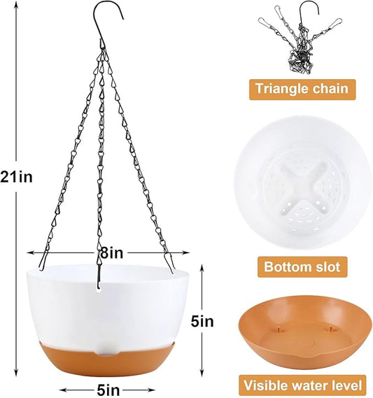 4 Pack Plastic Hanging planters for Indoor Plants,8 Inch Plant Pot Indoor Outdoor Hanging Baskets,Hanging Flower Pots with Drainage Holes and Chain for Garden Porch Plants(White)