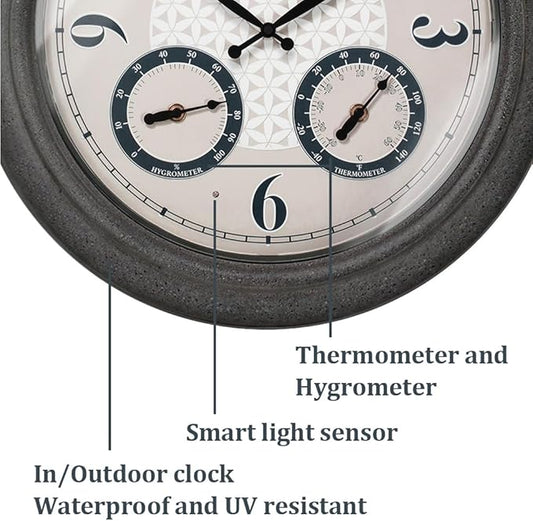 Presentime & Co. 18 Inch Illuminated Outdoor Clock, Waterproof Lighted Large Wall Clock with Thermometer & Hygrometer, Elegant & Vintage Home Decor for Garden, Patio, Pool, Grey Stone Finish