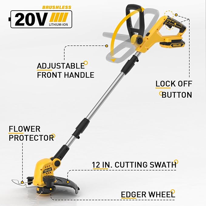 ZEGJAW 12 Inch 20V Cordless String Trimmer and Edger, 2-in-1 Weed Wacker Lawn Edger with 2x2.0Ah Battery and Charger, Battery Powered Grass Cutter with Auto Line Feed and 8pcs Line for Yard, Garden