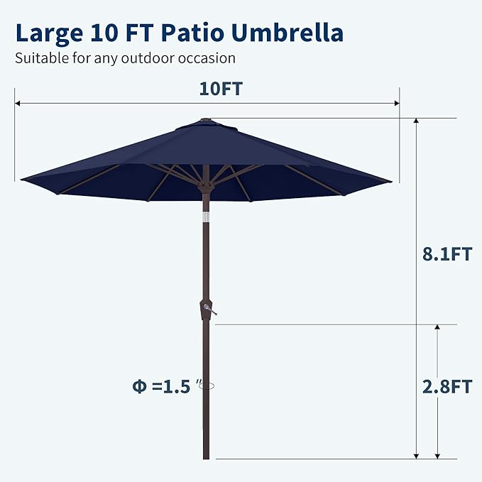 PatioKingdom 10FT Patio Umbrella with Push Button Tilt and Crank, Outdoor Market Umbrella with 8 Fiberglass Ribs, UV Protection Table Umbrella for Pool,Backyard,Garden,Deck(Navy, 10FT)