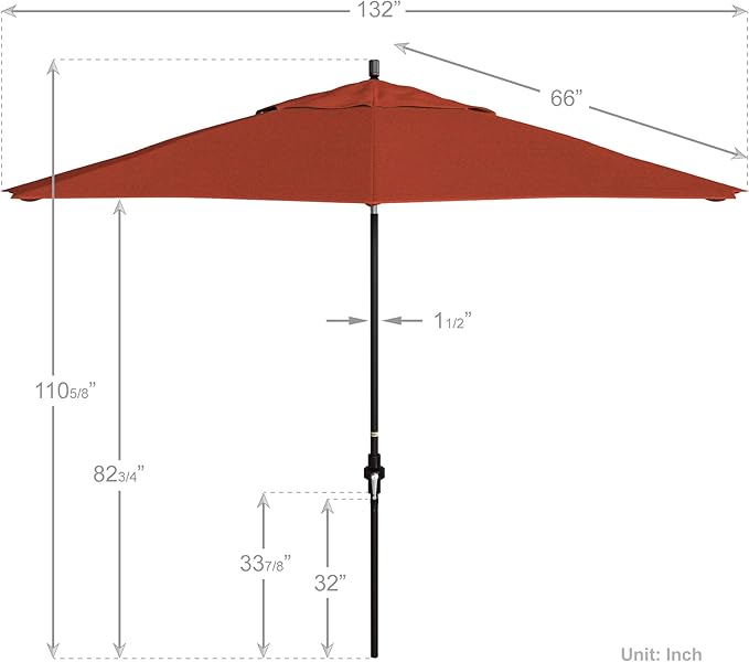 California Umbrella 11Ft Premium Patio Umbrella, Hand-Crank, Tilt-Collar, Bronze Frame, Solution Dyed Sunset Fabric