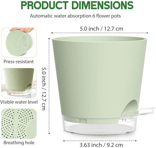 Self Watering Pots for Plants, 2026 New Flower Plant Pots with Drainage Holes, Wicking and Clear Reservoirs for Succulent, Aloe, Cacti and Others - 6 Pack (Green, 5")