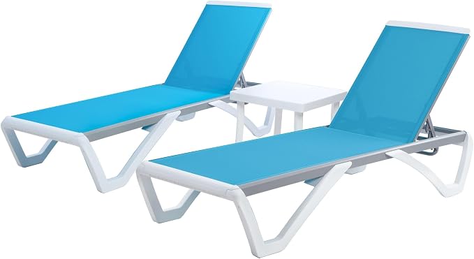 Kozyard 3-Piece Outdoor Chaise Lounge Chair Set, Fully Flat Adjustable Patio Lounger with Aluminum Frame & Resin Legs, Textilene Fabric for Poolside, Backyard & Beach (Aqua, 2 Chairs + Table)