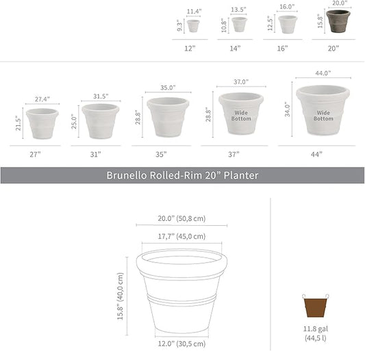 Crescent Garden Brunello Classic Rolled Rim Planter Pot, Indoor/Outdoor Plastic Round Plant Pot - Decorative Flower Pot - 20'' (Parchment)
