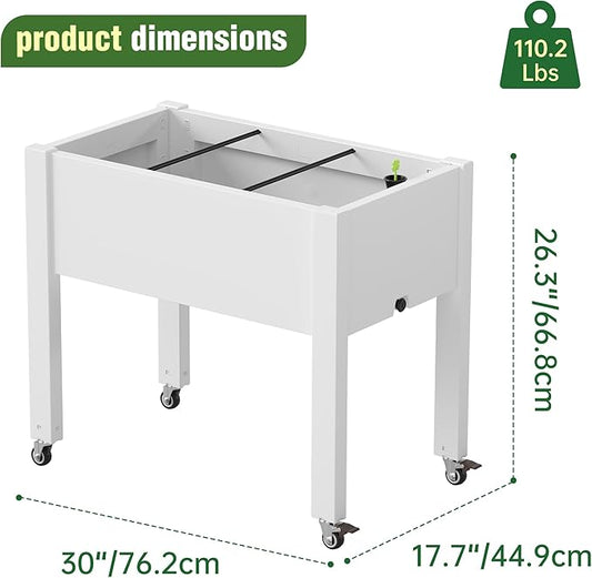 Elevated Raised Garden Bed with Wheels - Outdoor Mobile Resin Planter Box with Drainage Holes for Vegetables Flower Herbs, Weather Resistant (White)