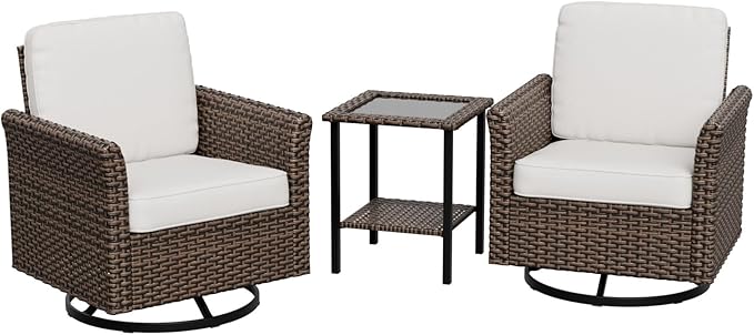 Canyon Ridge 3 Piece Outdoor Patio Bistro Set with Swivel Rocking Chairs and Side Table, Outdoor Furniture Set, Brown/Beige