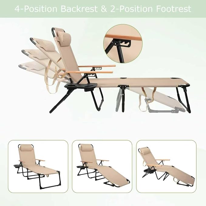 Folding Lounge Chair with Canopy, Tanning Chair with 4-Position Reclining Back, Folding Sun Lounger, Outdoor Lounge Chair for Beach, Poolside, Backyard, Camping, UPF 50+ Sun Shade, 300 LBS