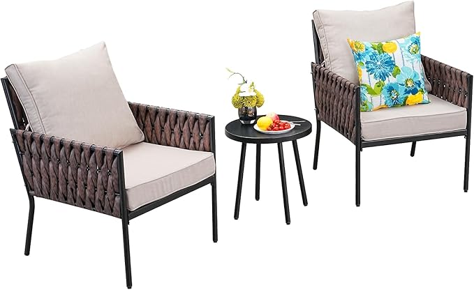 Patio Furniture Set, 3-Piece Wider Outdoor Metal Seating Sofa with High Back, Coffee Ta ble, All Weather Rattan Conversation for Garden,Backyard, Poolside-Beige