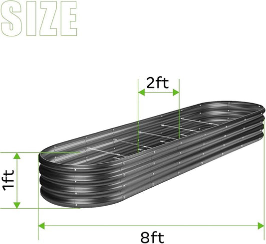 Land Guard 8×2×1ft Galvanized Raised Garden Bed Kit, 108 Gallon Capacity Raised Garden Boxes Outdoor, Oval Metal Raised Garden Beds for Vegetables, Gray(with 10 Connecting rods)
