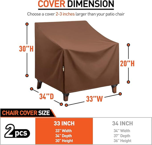 Arcedo Patio Outdoor Chair Covers Waterproof, Heavy Duty Patio Furniture Covers for Lounge Chairs, Deep Seat Cover for Lawn Garden, All Weather Protection, 33"W x 34"D x 30"H, 2 Pack, Brown