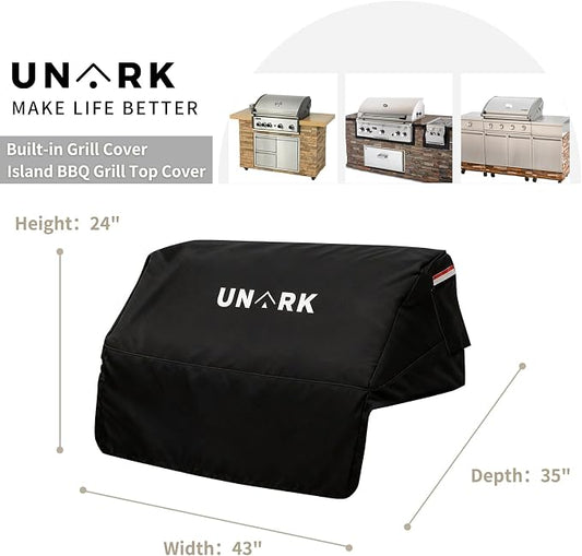 Built in Grill Cover for Outdoor Grill, Heavy Duty Waterproof BBQ Cover with Plush Lining, UV Resistant Island BBQ Grill Top Cover, Fits Up to 43" W x 35" D x 24" H Inches, Black