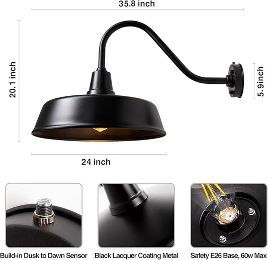 24 inch Barn Lights Outdoor Gooseneck Lighting, Dusk to Dawn Black Exterior Barn Lights, Farmhouse Wall Lighting Fixtures with Sensor for Porch Garage (2, 24" Diameter)
