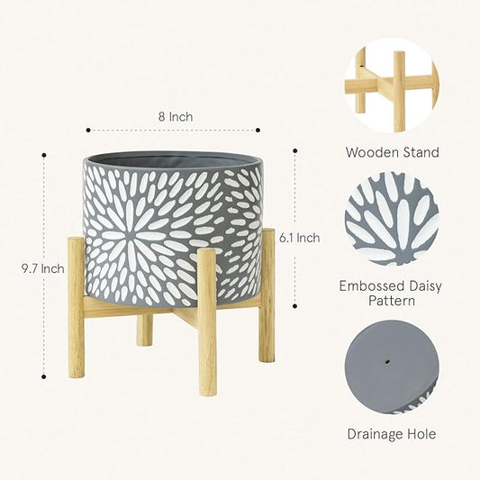 LA JOLIE MUSE Ceramic Planter with Wood Stand - 8 Inch Unique Modern Flower Pots Indoor with Wood Planter Holder and Drainage, Frost Gray