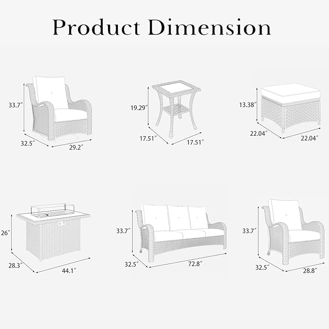 LayinSun 10Pcs Patio Furniture Set with Fire Pit Table, Rattan Wicker Swivel Rocker Chairs, Glider, Single Chairs, Ottomans & Coffee Table (Brown/Navy), Modern Style