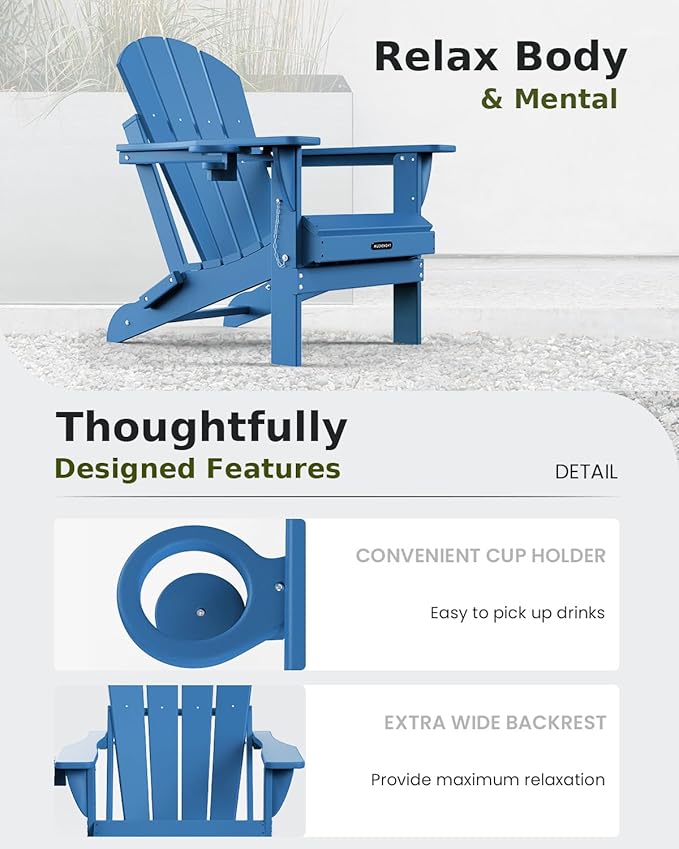 MUCHENGHY Folding Adirondack Chairs HDPE Weather Resistant, Patio Firepit Chairs, Sturdy Outside Chair, Lawn Chairs, 15min Assembly 380lb, Royal Blue