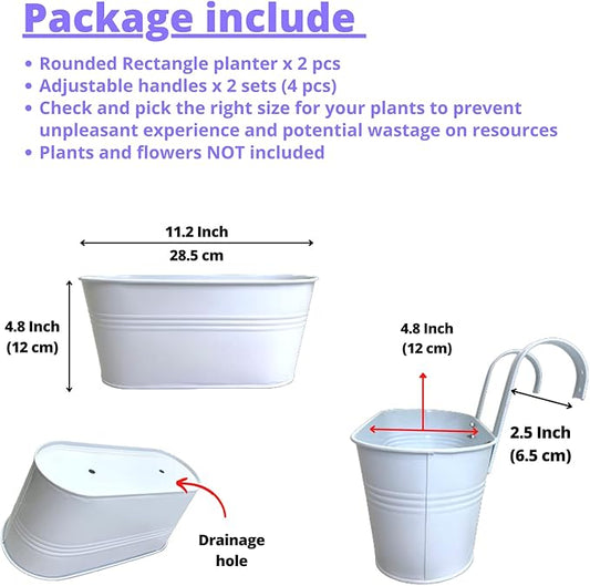 LaLaGreen Rail Planters for Outdoor (2 Pack, 11.2 Inch) White Metal Iron Hanging Flower Pots, Strawberry Planter Deck Railing Fence Bucket Wall Mount Window Box Plant Holder with Hooks Porch Decor
