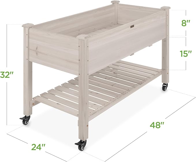 Best Choice Products Raised Garden Bed 48x24x32-inch Mobile Elevated Wood Planter w/Lockable Wheels, Storage Shelf, Protective Liner - White