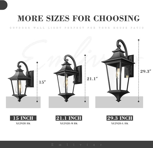 Emliviar Twin Pack 15" Outdoor Porch Light, Farmhouse Exterior Wall Light for Patio, Clear Glass with Black Finish, XE292B-2PK BK