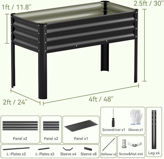 COMHOMA Raised Garden Bed with Legs 4x2x2.5ft,Large Elevated Galvanized Metal Planter Box with Drainage Holes,Outdoor Growing Kit with Gloves Tools for Backyard Patio Lawn,Black