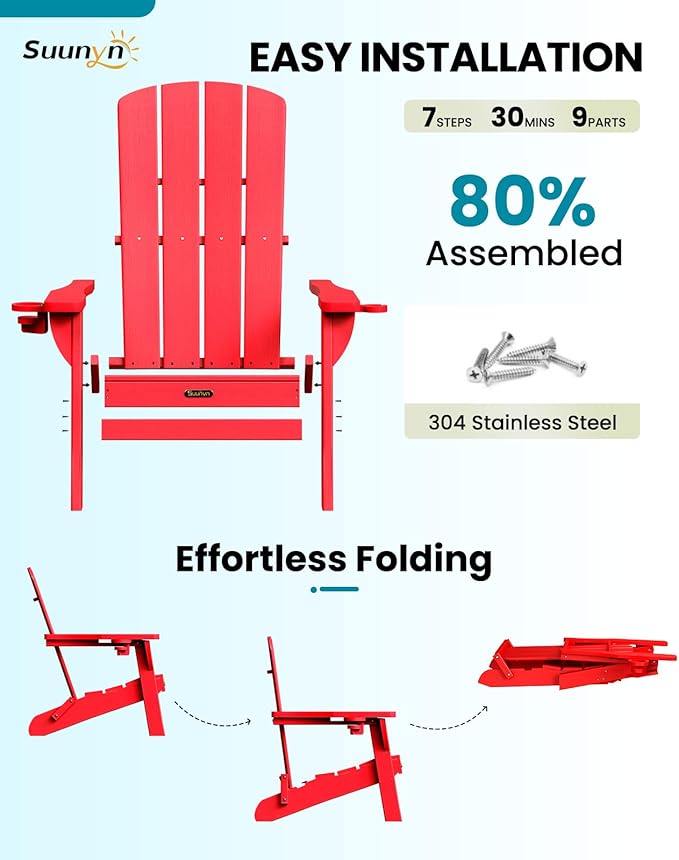 Folding Adirondack Chair 2 Pack, HDPE All-Weather Fire Pit Chairs, Plastic Adirondack Chairs with 2 Cup Holder, Outdoor Lawn Chair for Patio Garden (Red)