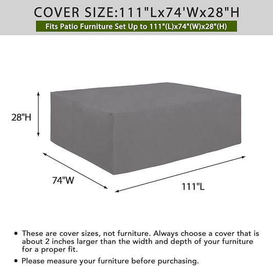Easy-Going 600D Heavy Duty Patio Furniture Cover for Outdoor Rectangular Table and Chair Set, Waterproof Outdoor Sectional Set Cover (111"L x 74"W x 28"H, Grey)