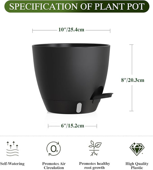 Self Watering Pots with Drainage Holes, 2 Pack 10 Inch Plant Pots with Water Level Indicator Deep Reservoir, Large Plastic Planter for Indoor Outdoor Plants - Black