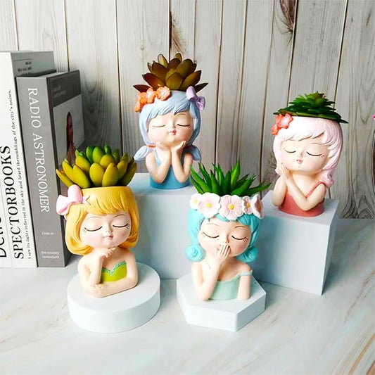 4pcs Cute Head Planter Resin Succulent Planter Little Girl Flower Pot, Human Face Cactus Plants Container Bonsai Holder Thumb Pot Fairy Figurine Statue Planters with Drainage Decor Gift (Colorful)