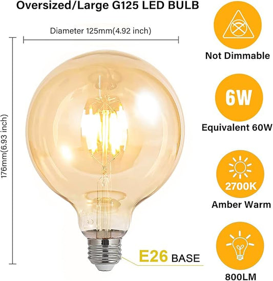 BoostArea LED Bulbs 60 Watt Equivalent, 2 Pack 6W G125 Led Globe Bulbs, Antique Vintage Light Bulbs Amber, E26 LED Edison Light Bulb, 2700K 800LM Warm White, E26 Standard Base, Non-Dimmable