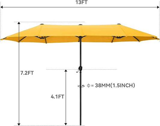 GREEN PARTY 13ft Rectangle Patio Umbrella, Double Sided Outdoor Table Umbrella with Crank & 1.5" Pole, Large Market Umbrella for Poolside Garden Deck Backyard, Gold Yellow