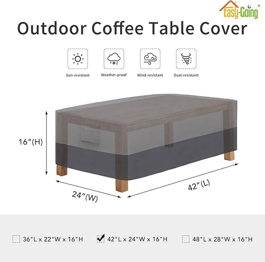 Easy-Going Patio Coffee Table Cover Small Outdoor Rectangular Table Cover, UV Resistant Waterproof Patio Furniture Cover (42"Lx24"Wx16"H, Gray/Dark Gray)
