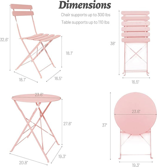 3-Piece Patio Bistro Set Outdoor Furniture Set Folding Bistro Table and Chairs with Premium Steel Frame Weather Resistant Conversation Set for Bistro Balcony Porch Yard Garden(pink with cushion)