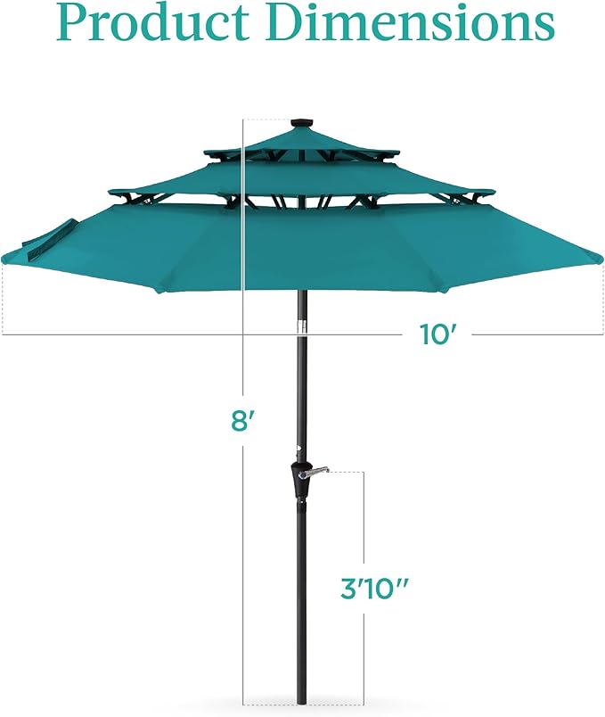 Best Choice Products 10ft 3-Tier Solar Patio Umbrella, Outdoor Market Sun Shade for Backyard, Deck, Poolside w/ 24 LED Lights, Tilt Adjustment, Easy Crank, 8 Ribs - Cerulean