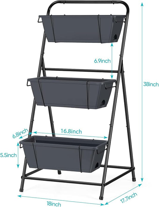 Vertical Garden Planter 3 Tier Raised Garden Bed Herb Planter Outdoor Standing Garden Planter Box with Drainage Holes Removable Tray for Patio Balcony Porch Grey