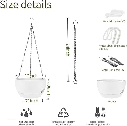 2 Pack Hanging Planters for Indoor Outdoor Plants, 12Inch Self Watering Hanging Pot with Drainage Holes and Saucer, Plastic Plant Pots, White Flower Pots for Kitchen, Balcony, Garden