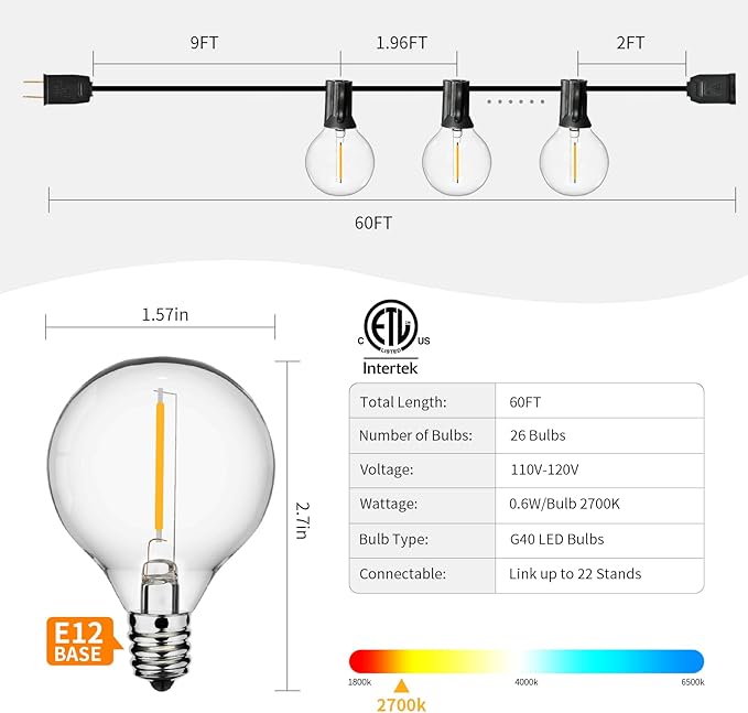 Vocevos LED Outdoor String Lights 60FT, Shatterproof Patio Hanging Lights Outside, Dimmable G40 Bulbs Waterproof Heavy-Duty Commercial Strand Decor for Bistro Café Party Wedding Porch Backyard