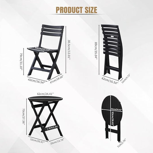 3 Piece Patio Bistro Sets, Foldable Patio Set, Bistro Table and Chairs, 2 Plastics Folding Chairs and Round Table for Outdoor Balcony, Porch, Lawn, Garden, Patio, Black