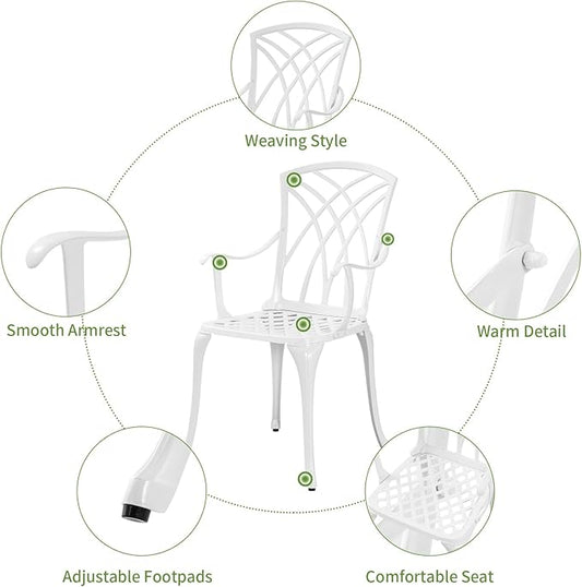 Cast Aluminum Bistro Table and Chairs Set of 2 with 1.97" Umbrella Hole,Weather Resistant 3 Piece Bistro Patio Set Outdoor Patio Furniture Set for Front Porch,Garden,Woven White