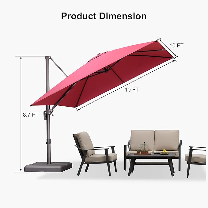 PURPLE LEAF 10' X 10' Patio Cantilever Umbrella with Base Included Square Outdoor Umbrella with 360° Rotation and Aluminum Offset Hanging for Garden Backyard Pool, Terra