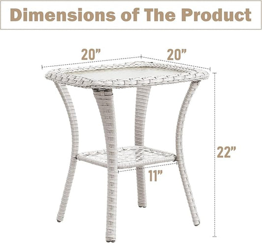 Outdoor Side Tables for Patio, Wicker/Rattan End Tables, Outdoor Wicker Side Table, Light Beige Rattan Glass Top Patio Side Table