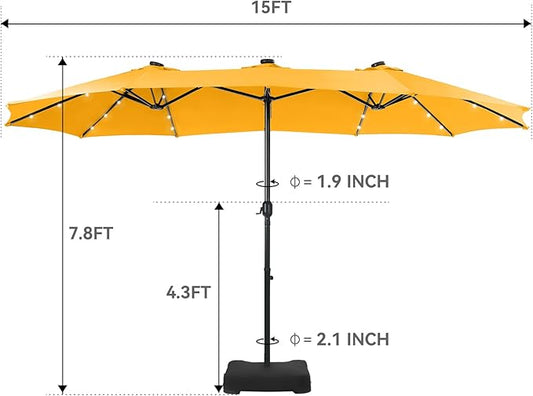 GREEN PARTY 15 ft Rectangle Patio Umbrella with Solar Lights and Base Included, Double-Sided Market Table Umbrella with Crank, Large Outdoor Umbrellas for Patio Poolside Garden Backyard, Gold Yellow