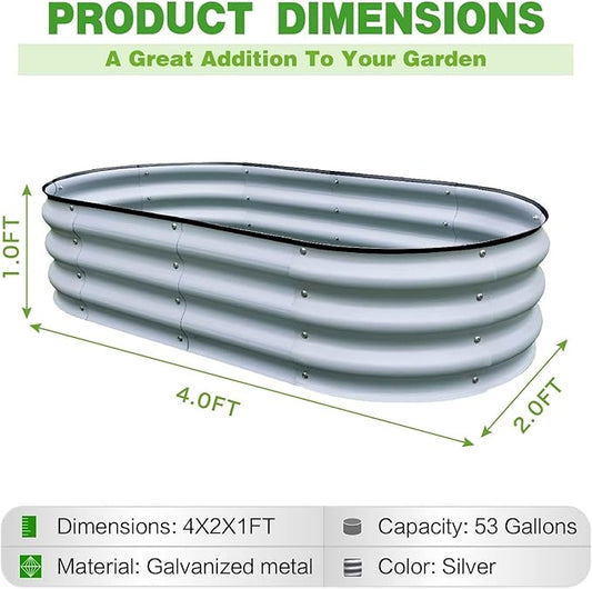 GrowHaus 2 Pack 4x2x1FT Galvanized Raised Garden Bed, Planter Boxes Outdoor Metal Garden Beds for Planting Vegetables Flowers Herbs Silver